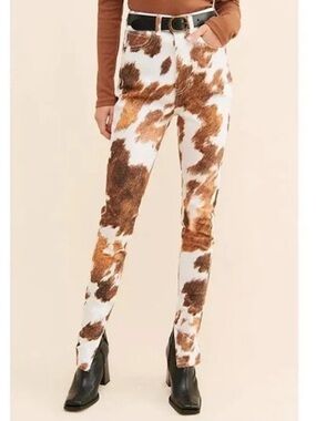 WeWoreWhat Brown White Cow-Print Jeans Sz 26 Ankle Slits Cotton stretch western